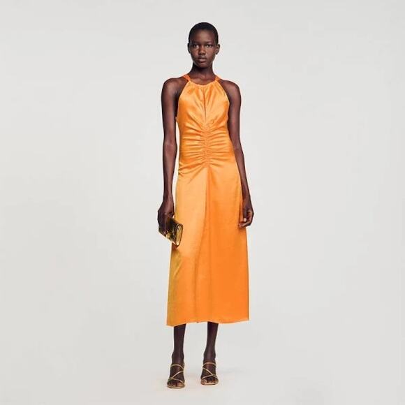 Sandro Orange Satin Halter Dress, Ruching, Keyhole, Wedding Guest, 40, US 8, NWT - Picture 1 of 12